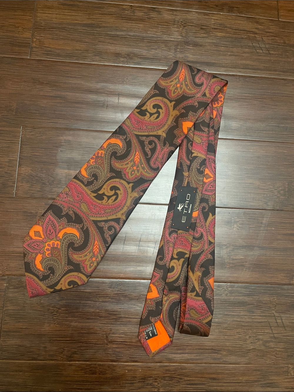 Etro Brown Paisley Silk Tie with Orange and Burgundy Accents